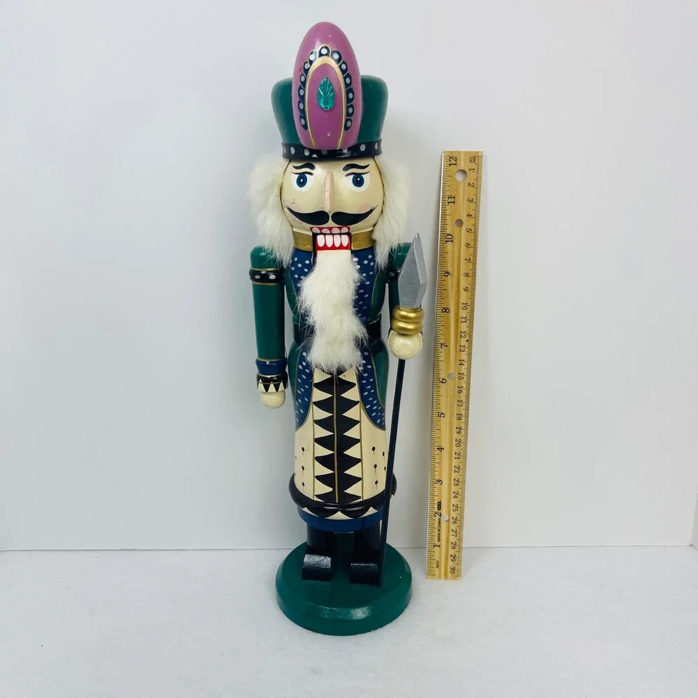 Vintage Wooden Nutcracker Soldier Green Cream Purple Jeweled Hat Spear 12 Inch